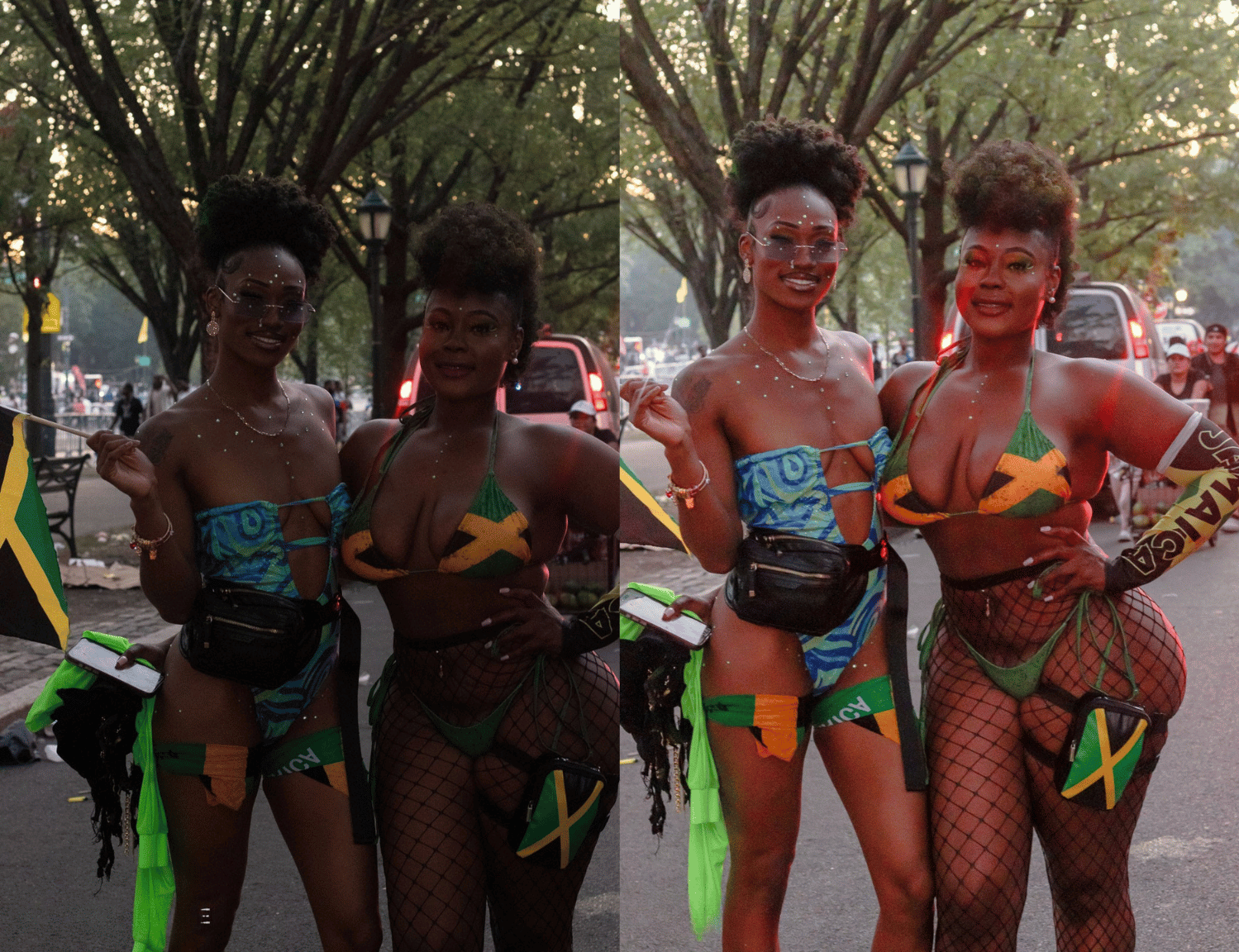 Two women in colorful outfits celebrating outdoors during a street event, with trees and cars in the background.