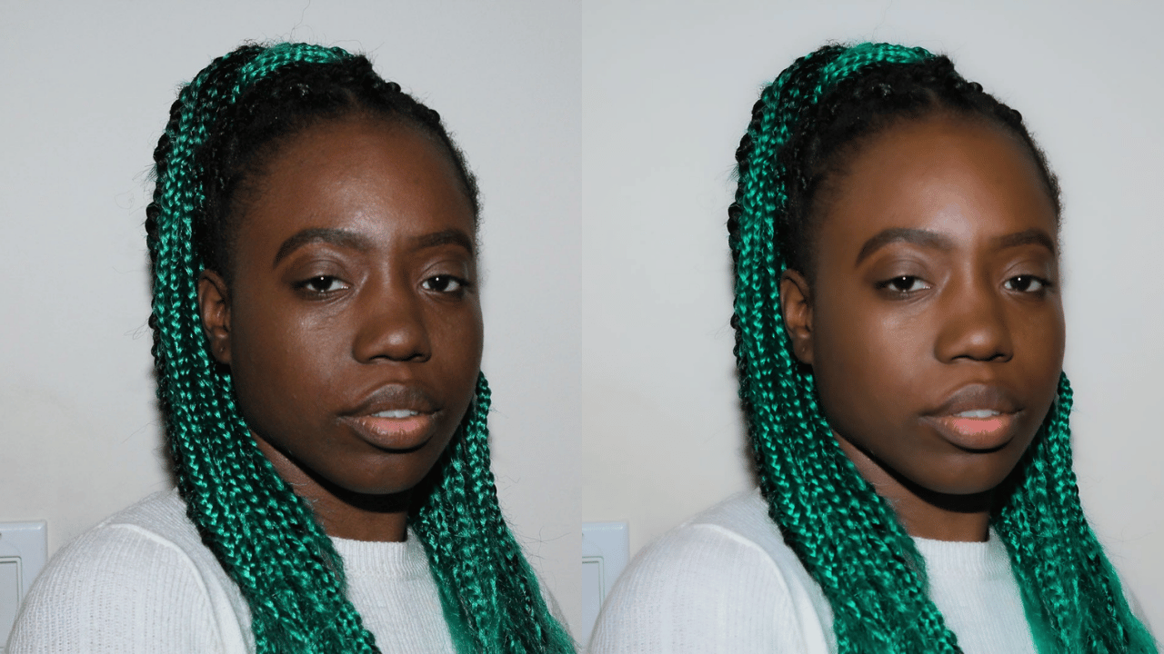 Side-by-side photo of a young Black woman with braided hair in green and black, wearing a white top, standing against a plain white wall.