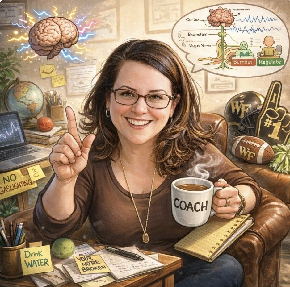 A woman sitting in an office with a mug labeled 'Coach,' surrounded by various motivational and scientific items, pointing upwards with her index finger, with illustrations and notes related to brain function, stress, and sports on the wall.
