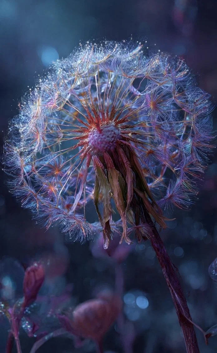 A close-up of a dandelion seed head with delicate, wispy seeds against a dark, blurred background with circular bokeh lights.