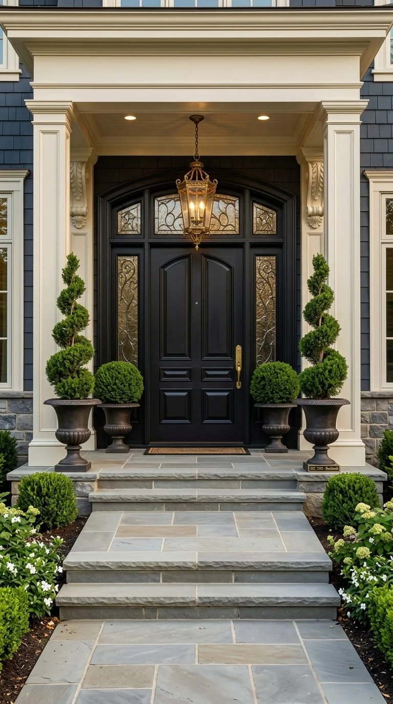 High-end front door entryway installation featuring custom black double doors and classic stone steps by Mahfoud Construction in Brookhaven, Atlanta.