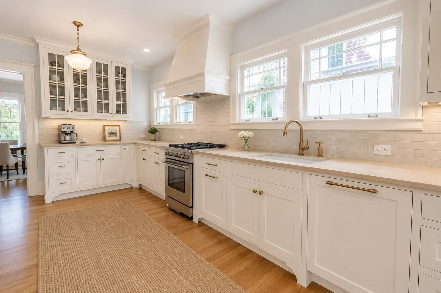 A high-end custom kitchen remodel by Mahfoud Construction in Stone Mountain, GA, featuring bright custom white shaker cabinetry, premium perimeter stone countertops, and luxury architectural finishes.