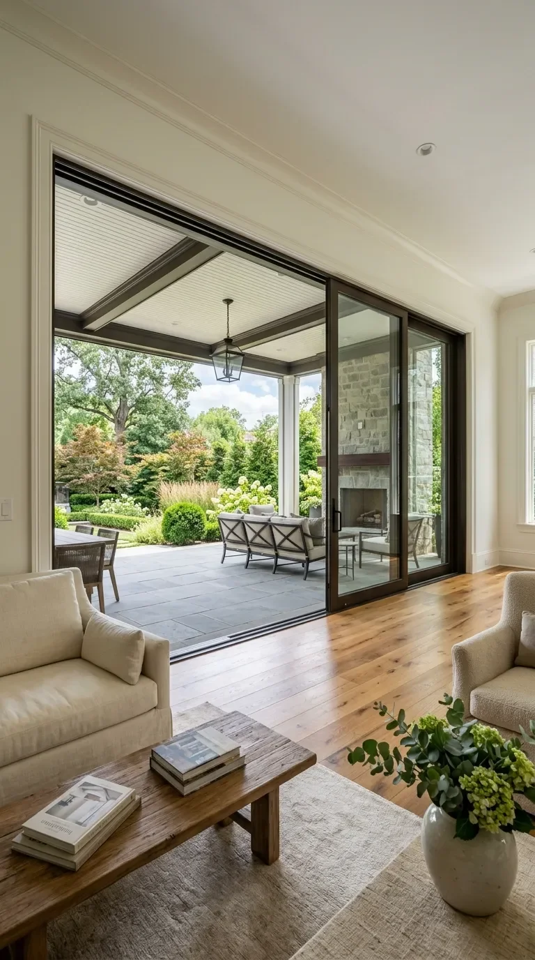 Elegant multi-pane sliding glass doors showcasing a seamless indoor-outdoor transition to a stone patio, styled by Mahfoud Construction in Brookhaven, Atlanta., Georgia.