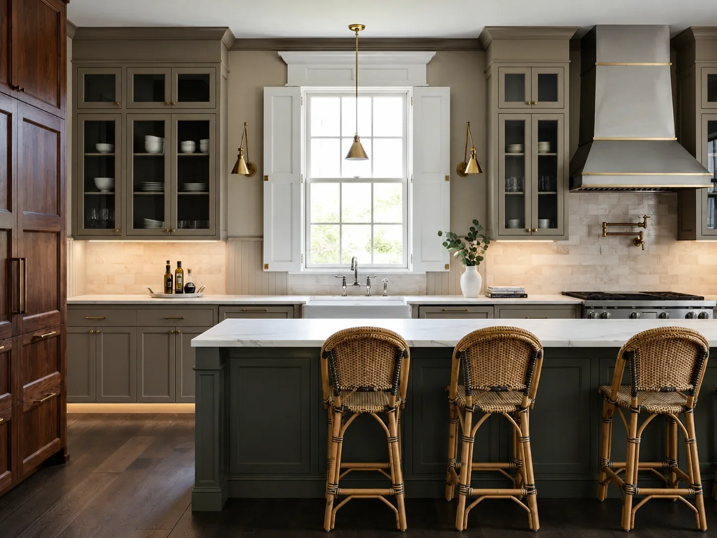 A lovely kitchen remodel by Mahfoud Construction in Decatur, GA, featuring warm greige inset shaker cabinetry, a custom architectural plaster range hood, a marble waterfall island with seating, and dark espresso hardwood floors.