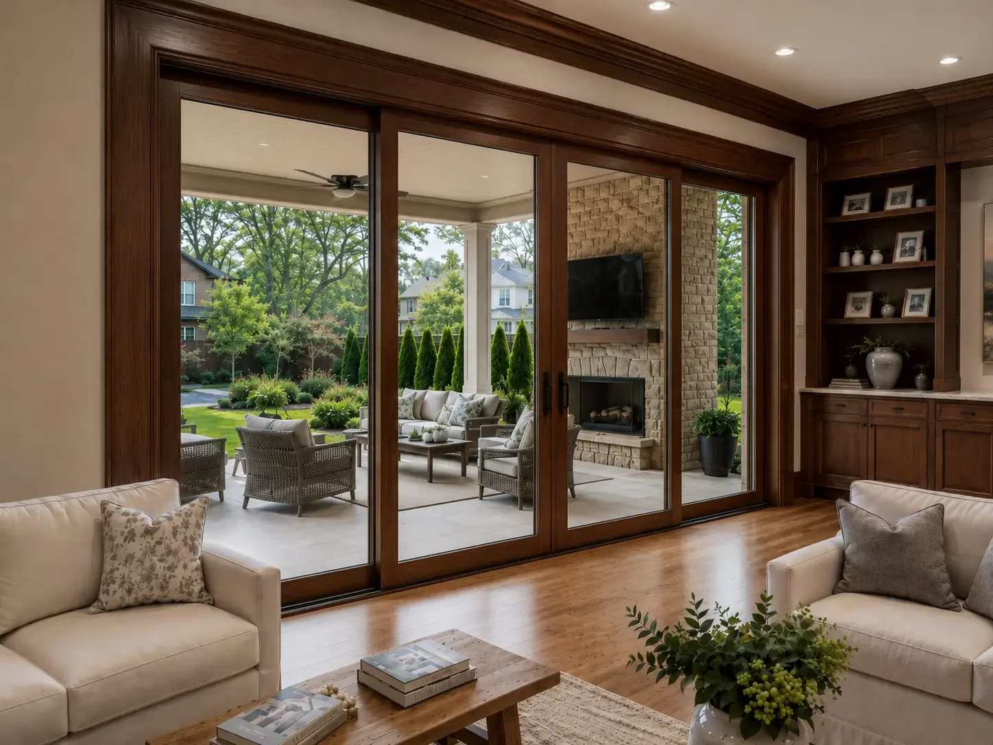 Luxury custom-trimmed sliding patio door system in Decatur, GA, combining handcrafted interior wood millwork with expansive glass panels for natural light and garden views by Mahfoud Construction.
