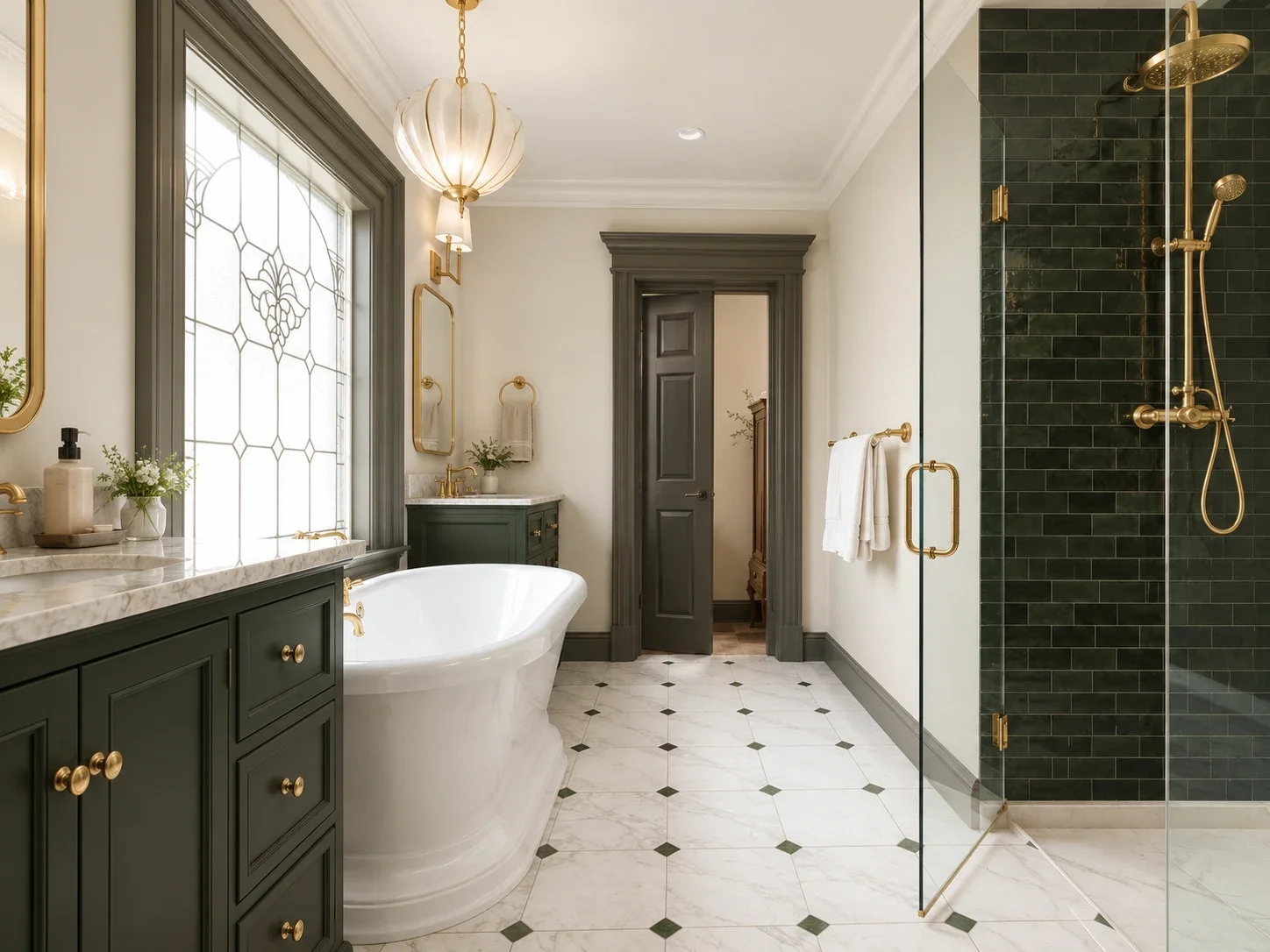 High-end master bathroom renovation in Buckhead, Georgia showcasing a contemporary freestanding soaking tub, vibrant emerald tones, detailed architectural molding, and premium fixtures.