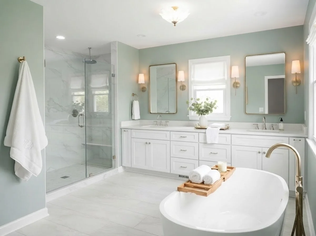 Luxury master bathroom remodel in Tucker, GA by Mahfoud Construction, featuring a modern freestanding soaking tub, a seamless glass walk-in shower, and bright custom tile work.
