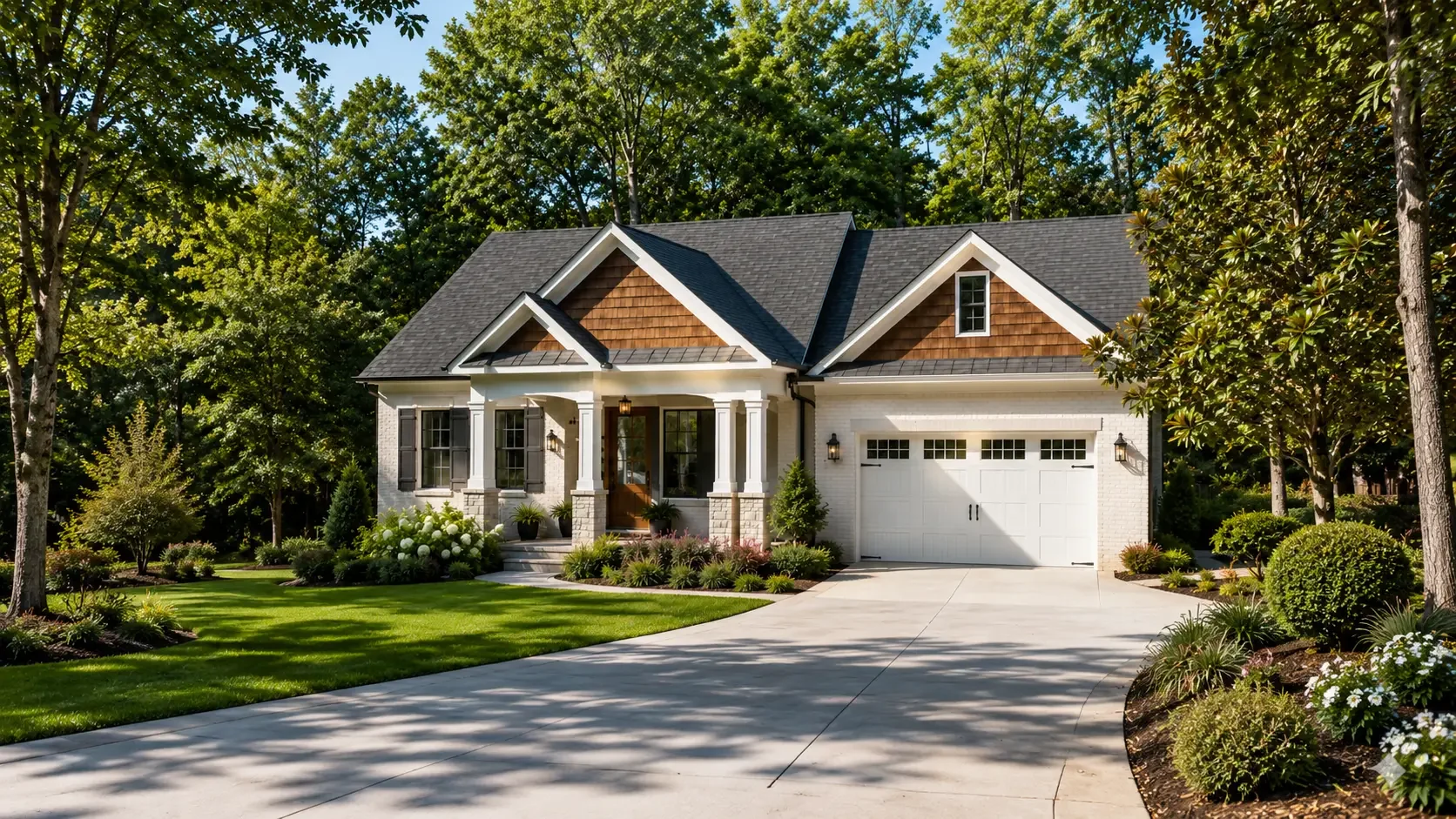 A luxury craftsman custom home built by Mahfoud Construction in Druid Hills, GA, featuring a premium white brick facade, natural wood shingle gables, a manicured front lawn, and a spacious concrete driveway.