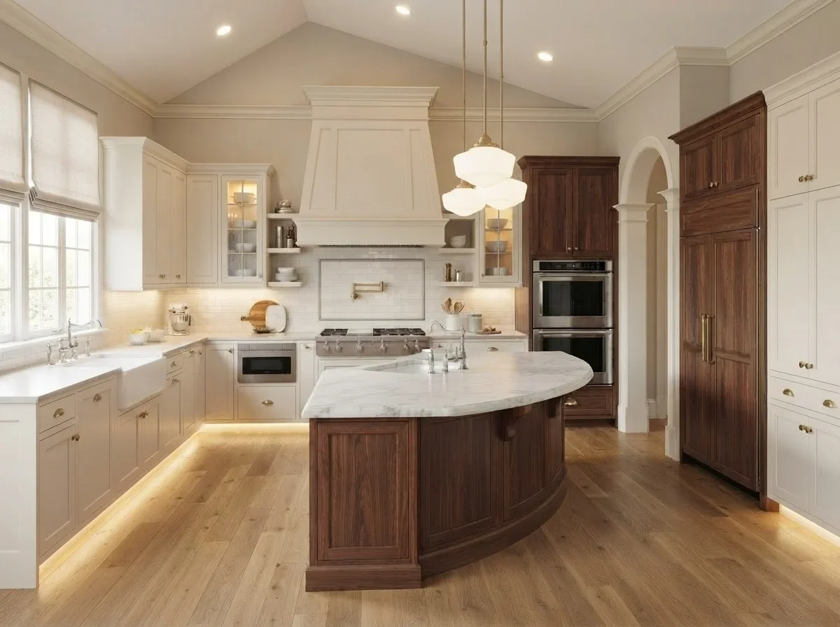 Custom marble kitchen island and architectural range hood installed during a luxury remodel in Brookhaven, GA.