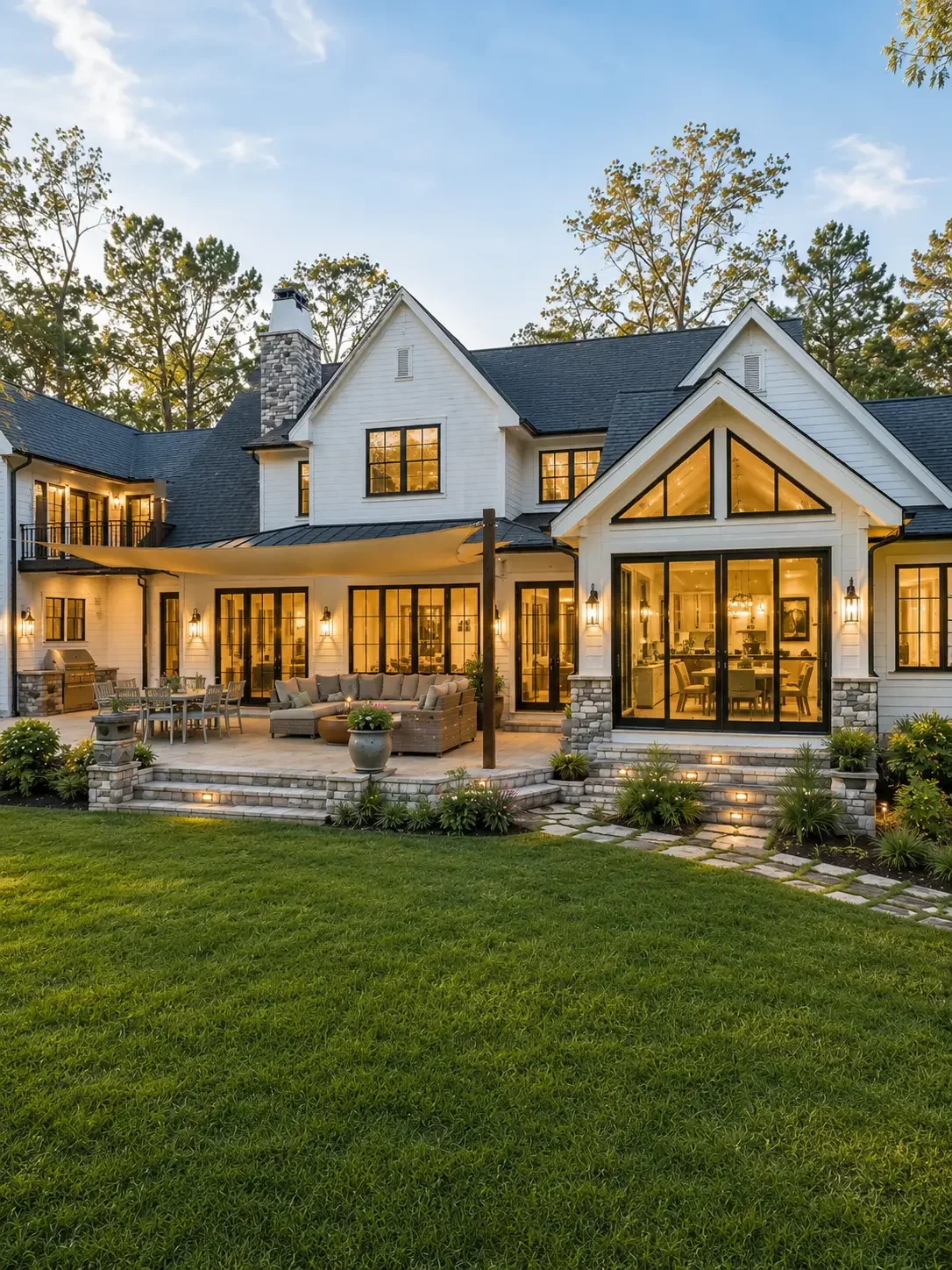 The luxury backyard patio of a custom modern farmhouse built by Mahfoud Construction in Brookhaven, GA, featuring a stone and timber exterior, outdoor seating under protective sail shades, and a manicured green lawn.