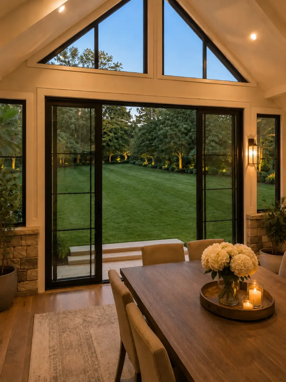 View from inside a luxury custom home addition in Brookhaven, GA, looking through expansive black-framed patio doors to a manicured backyard lawn, built by Mahfoud Construction.