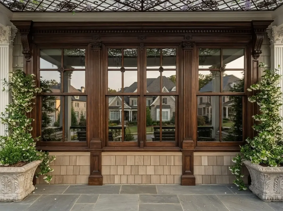 Custom architectural window replacement featuring energy-efficient bronze Low-E glass and custom wood trim by Mahfoud Construction in Buckhead, GA.