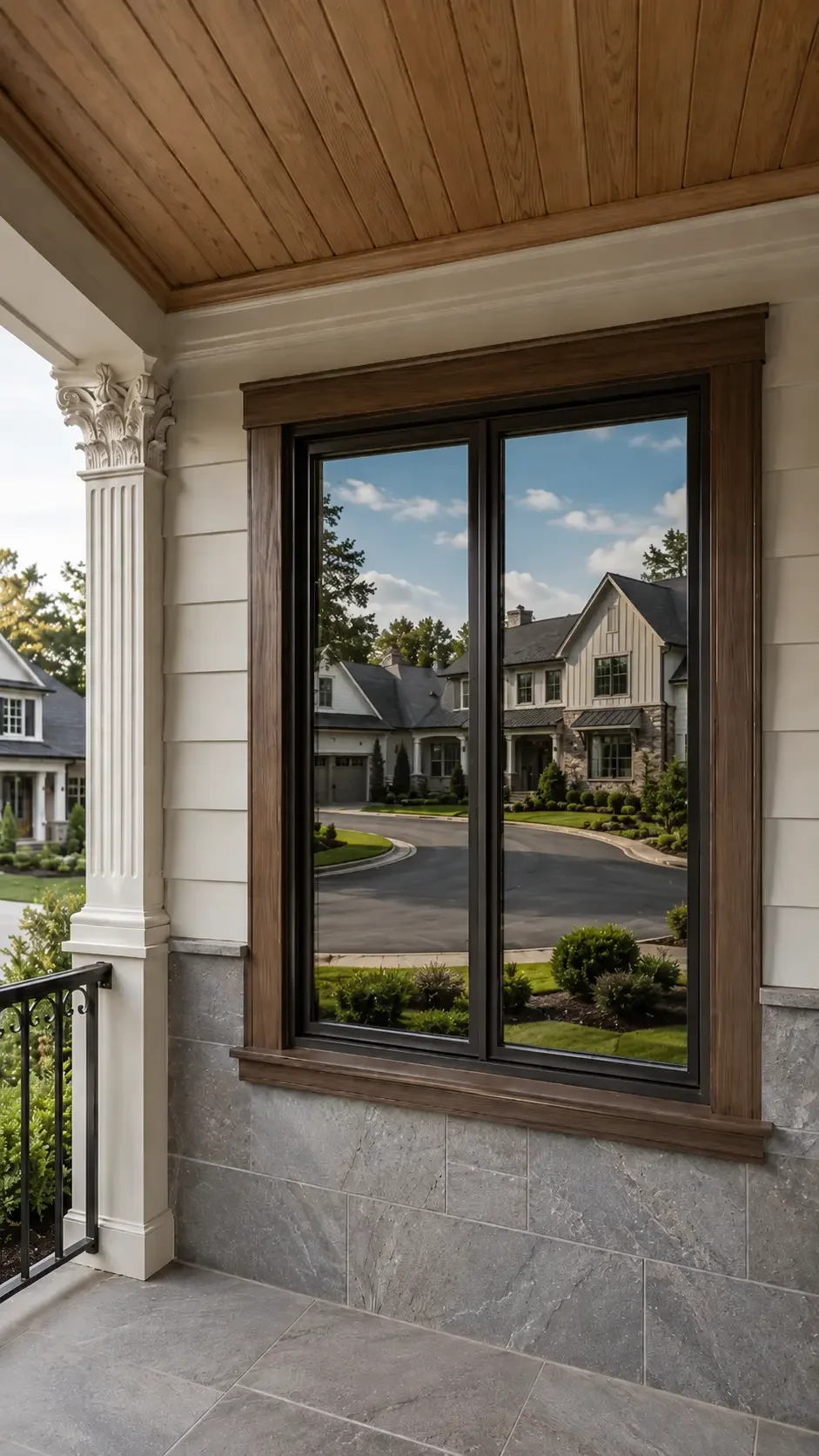 Sleek contemporary black-framed window with natural wood trim casing and gray stone wainscoting under a wood-plank porch ceiling, installed by Mahfoud Construction in Tucker, GA.
