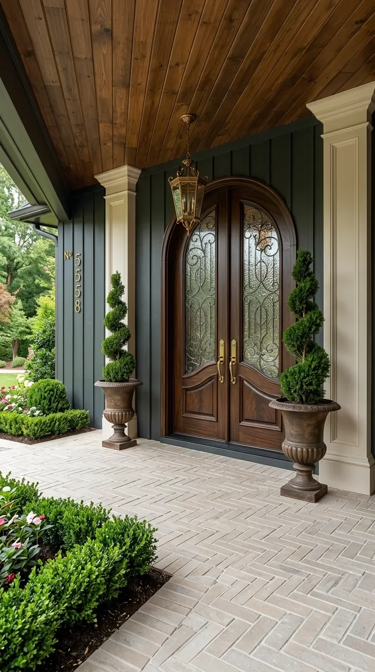 Premium custom entryway featuring luxury mahogany double doors, a decorative hanging lantern, and a manicured spiral topiary planter showcasing high-end residential construction by Mahfoud Construction in Brookhaven, Georgia.