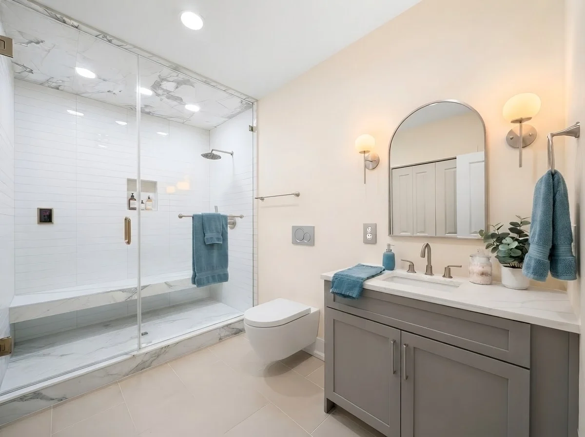 High-end luxury master bathroom remodel in Decatur, GA by Mahfoud Construction, featuring a contemporary gray vanity, a seamless glass walk-in shower, and a floating wall-mounted toilet.