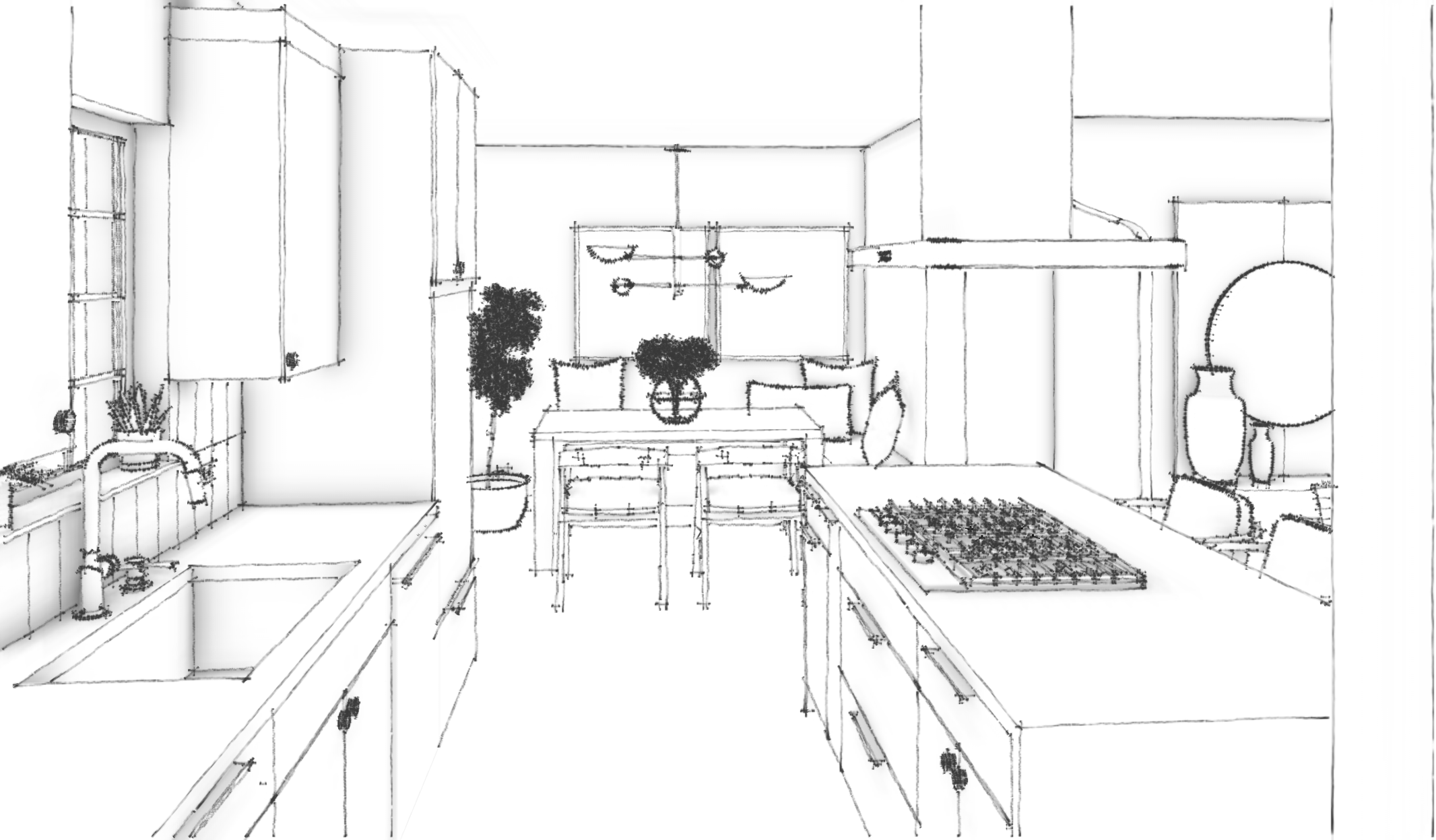 A sketch of a kitchen and dining area with cabinets, a window, a kitchen island with a cooktop, a dining table with chairs, and decorative plants and vases.