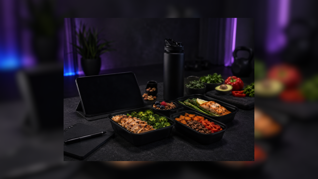 Meal prep containers with grilled chicken, broccoli, salmon, asparagus, ground beef, diced carrots, and tomatoes on a black countertop in a dimly lit room.
