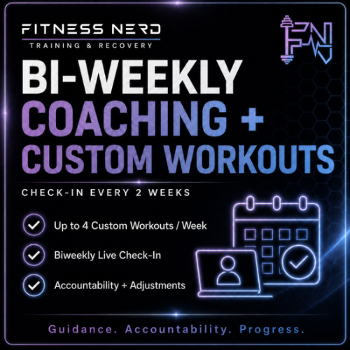 Advertisement for Fitness Nerd's bi-weekly coaching and custom workouts, including up to four workouts per week, live check-ins every two weeks, and accountability.