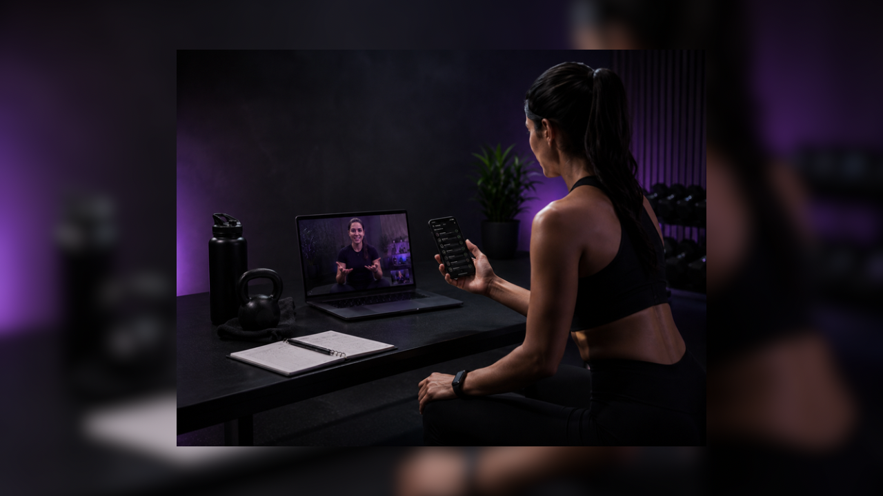 Woman in workout attire participating in a virtual fitness class using her phone in a dimly lit gymroom.
