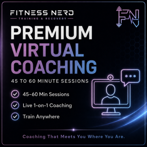 Advertisement for Fitness Nerd premium virtual coaching, offering 45 to 60-minute sessions, live one-on-one coaching, and remote training. Features neon-style graphics of a person on a computer and a speech bubble.