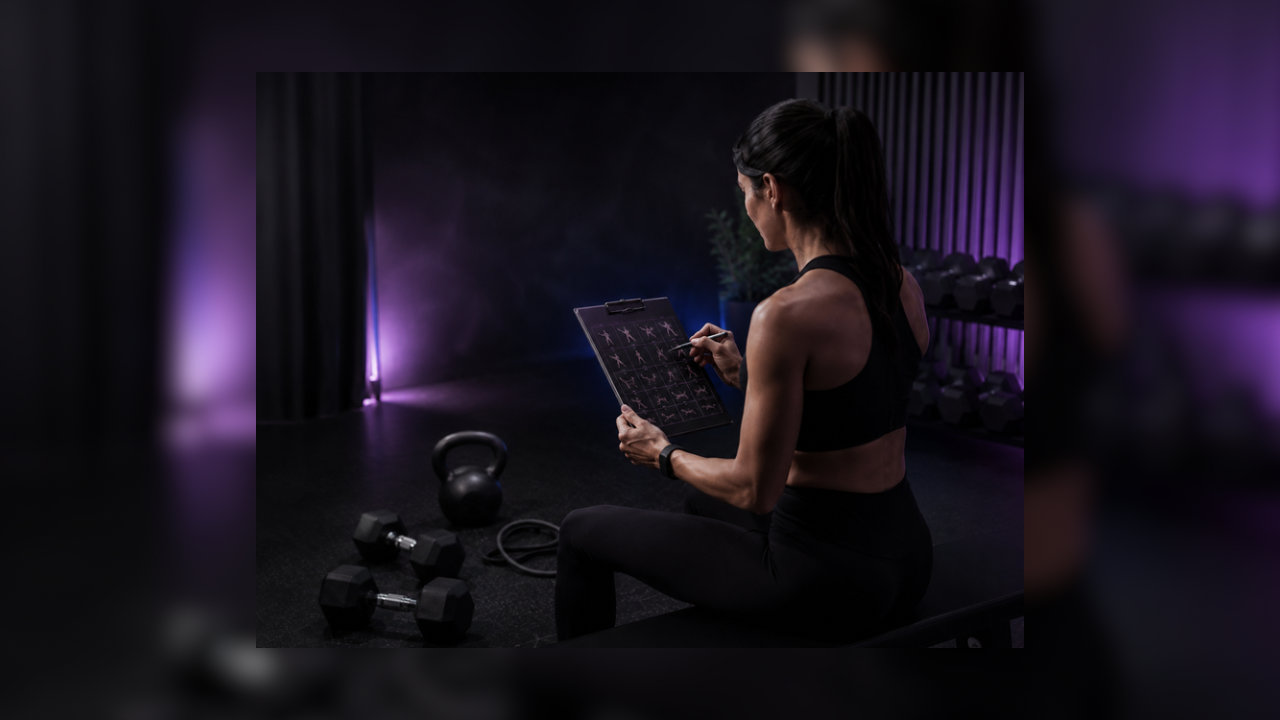 A woman in workout clothes sits on a bench in a dimly lit gym, reading a workout plan on a clipboard. There are dumbbells, a kettlebell, and resistance bands on the floor nearby, with purple accent lighting and gym equipment in the background.
