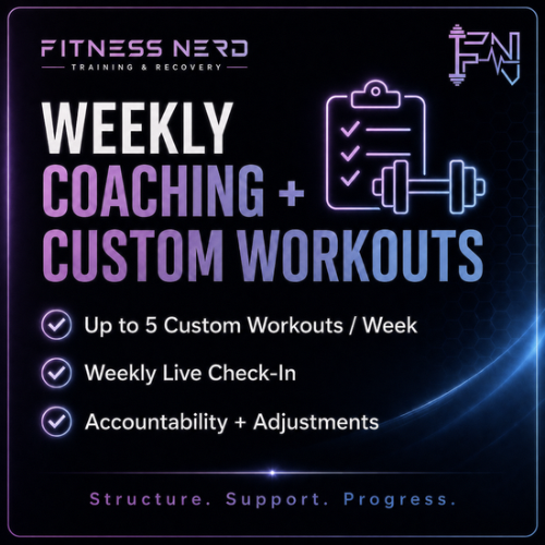 A promotional graphic for Fitness Nerd advertising weekly coaching and custom workouts. Features purple and blue neon-style text and icons, including a clipboard, checklist, and dumbbell, with a dark honeycomb background.