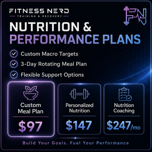 An advertisement for Fitness Nerd highlighting nutrition and performance plans, including custom meal plans for $97, personalized nutrition for $147, and nutrition coaching for $247 per month, with features like custom macro targets, 3-day meal plans, and flexible support options.