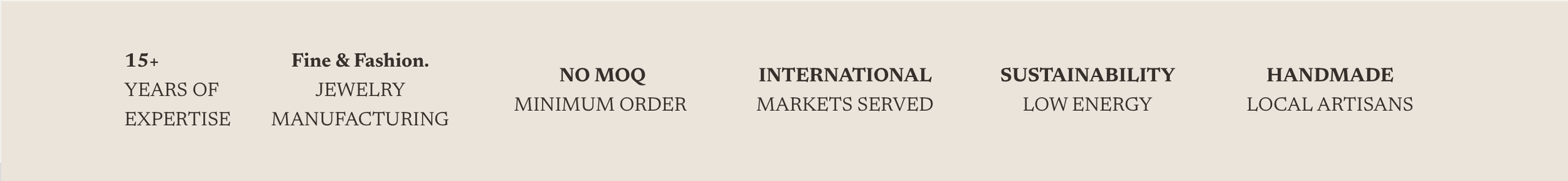 A banner with text highlighting 15+ years of expertise in fine jewelry manufacturing, no minimum order quantity, international markets, sustainability, and handmade local artisans.