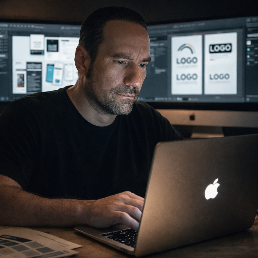 Man working on a laptop at a desk with design mockups and logo concepts displayed on computer monitors in the background.