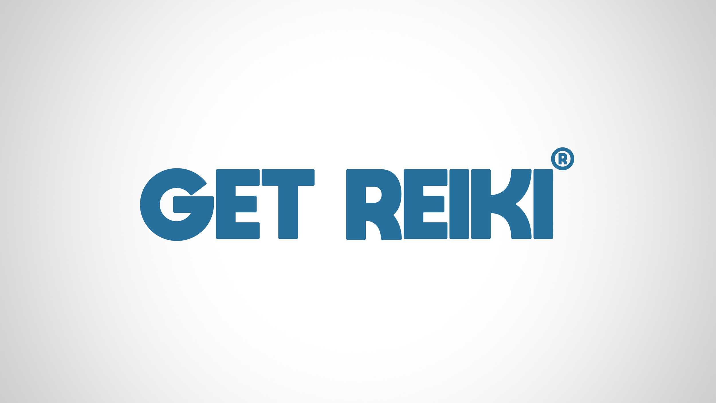 Logo with the text 'GET REIKI' in bold blue letters on a light background.