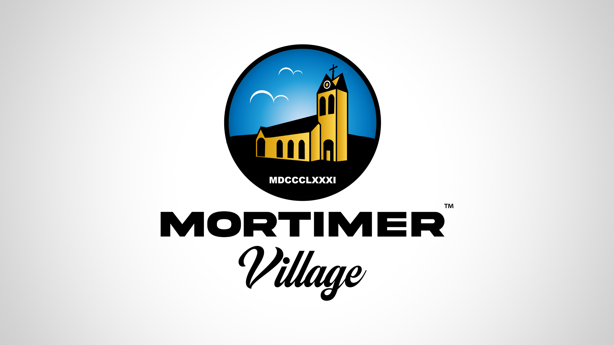 Logo of Mortimer Village featuring a church with a yellow facade and a tall bell tower, set against a blue sky with white clouds and seagulls, with the text "MORTIMER Village" below.