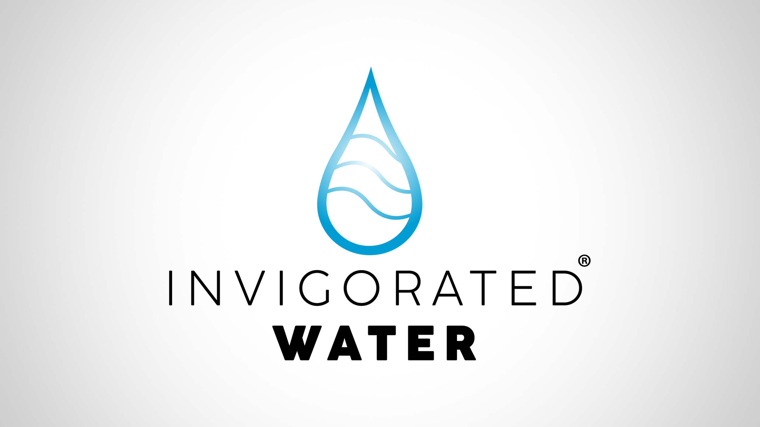 Logo featuring a blue water droplet with wavy lines inside, the words 'INVIGORATED WATER' below, with 'WATER' in bold black font.
