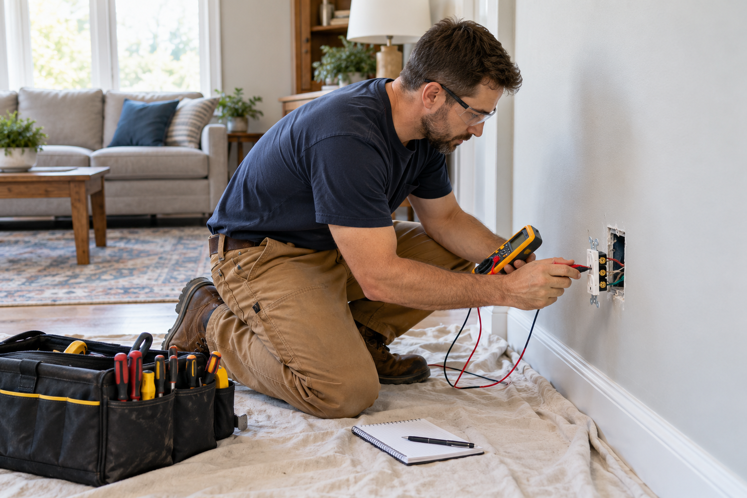 Residential electrician testing an open wall receptacle with a multimeter during a diagnostic service call