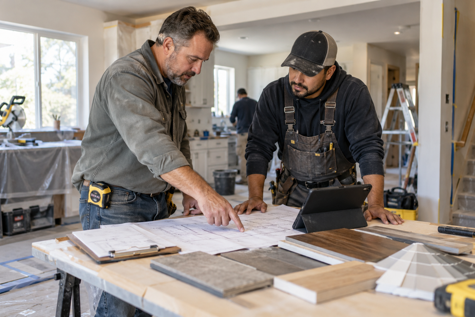 Contractor and crew lead reviewing project plans and a four-week work schedule at a residential remodeling jobsite