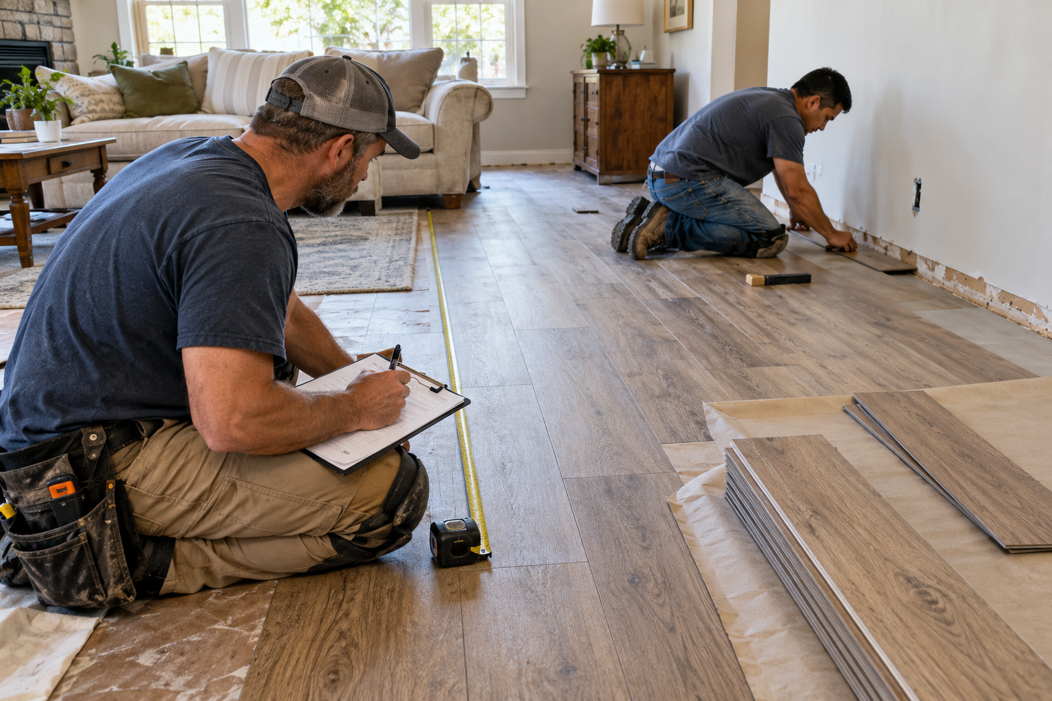 Flooring crew measuring installed LVP and recording completed square footage and labor time on a residential project