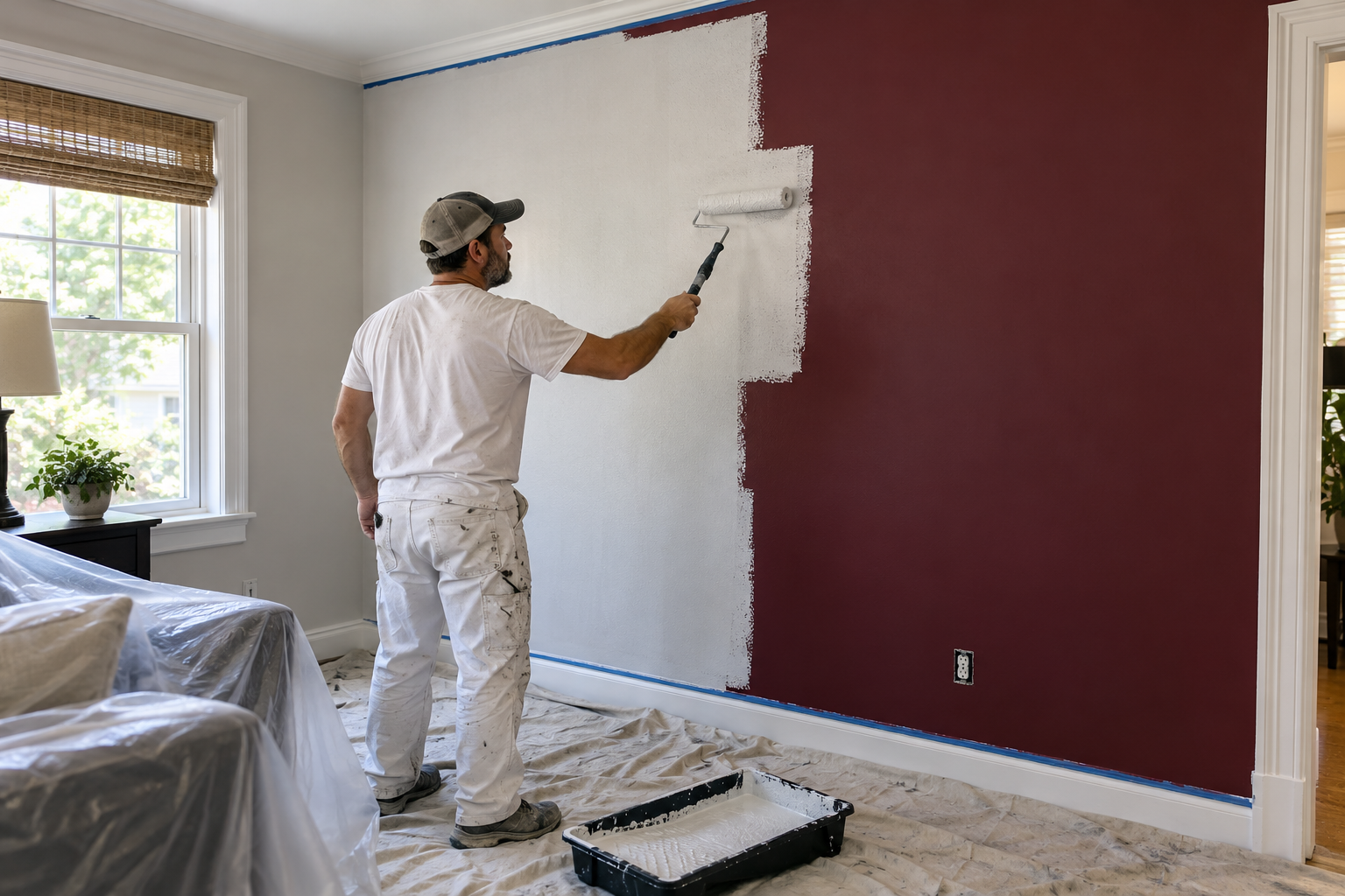 Residential painter applying a light coating over a dark red interior wall to evaluate coverage during a color change.