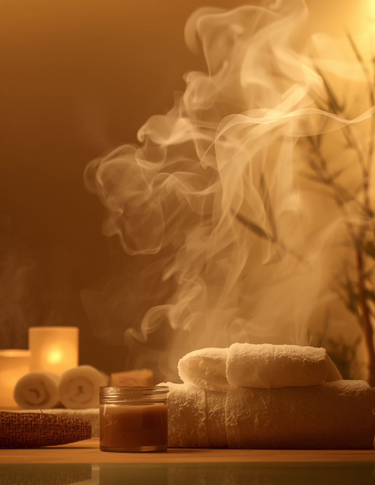 A cozy spa setting with candles, rolled towels, and steam rising in warm lighting.