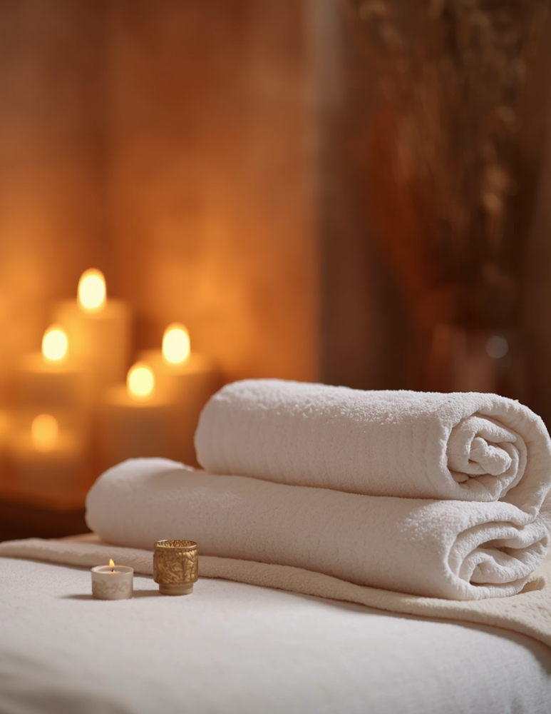 Stacked white towels with small candles on a spa table, softly lit candles in the background creating a relaxing ambiance.