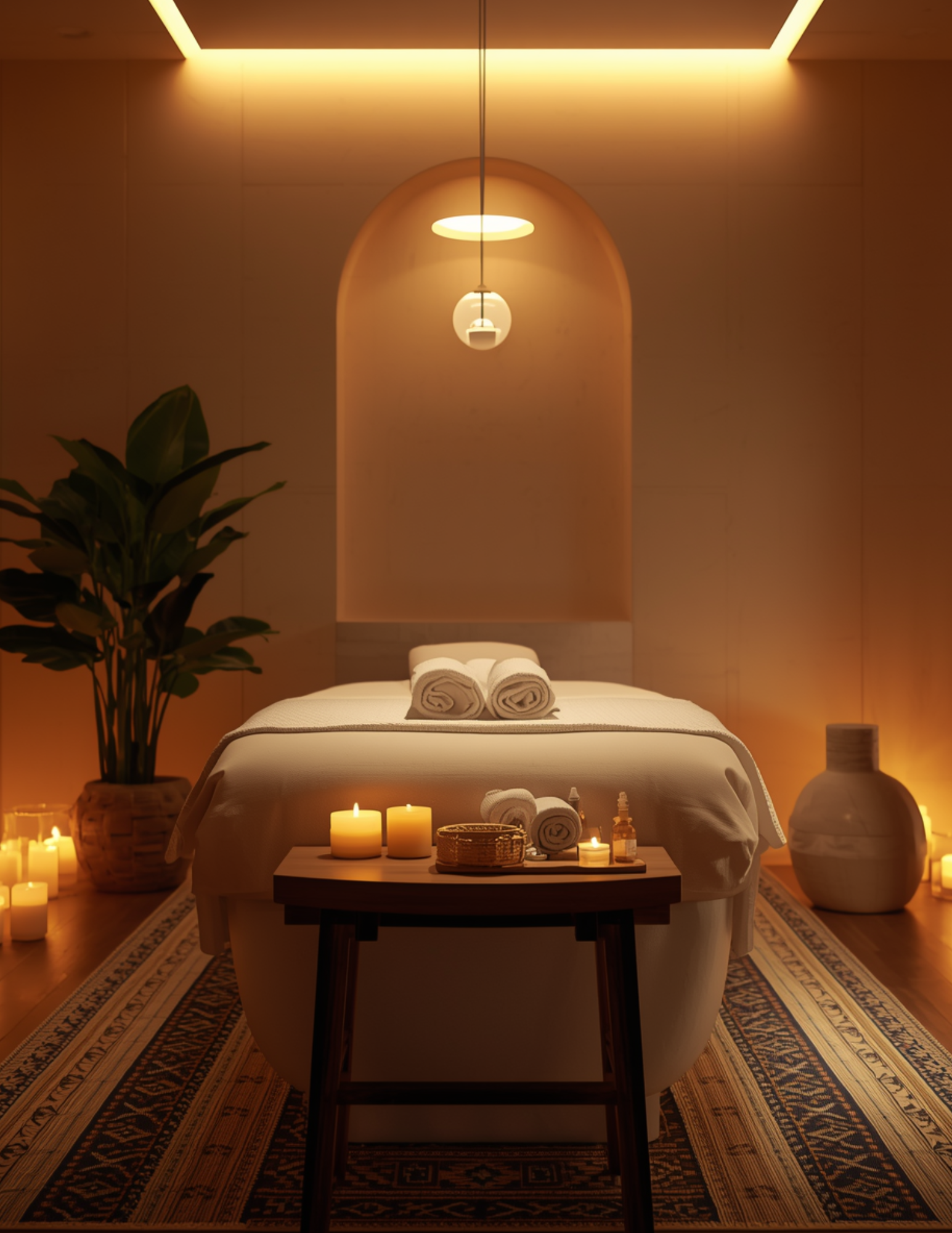A dimly lit massage or wellness room with candles, rolled towels, and spa products on a small table. The room features a massage bed covered with white linens, a large potted plant, and warm ambient lighting.