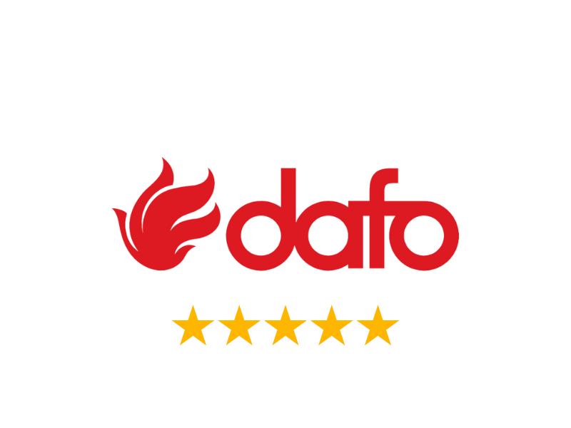 Logo for Dato med en rød flamme og fem gylne stjerner under.