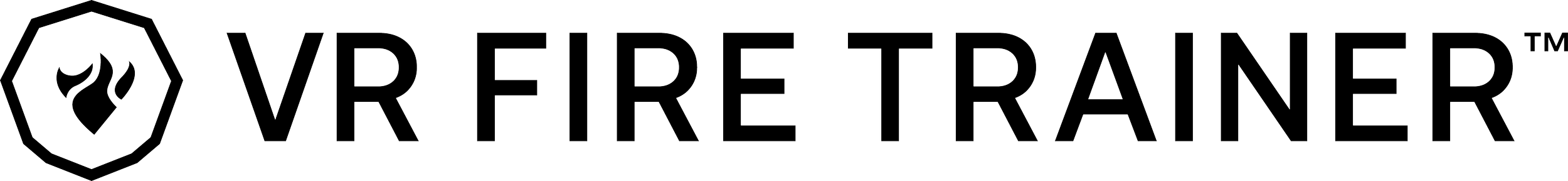 Logo for VR Fire Trainer with a fire icon innen en skjoldform.