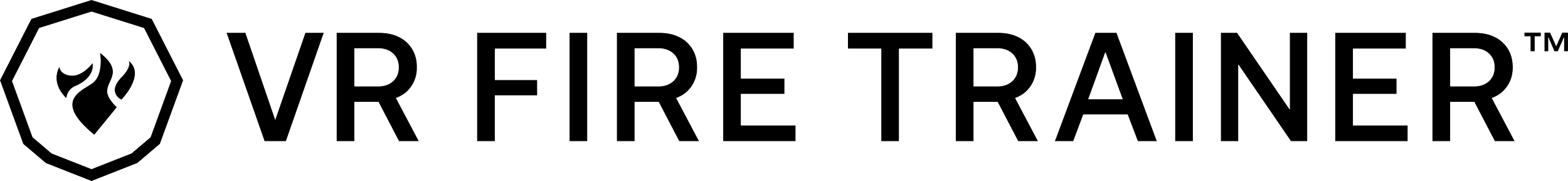 Logo for VR Fire Trainer with a fire icon inside a shield
