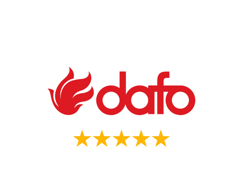 Logo for Dato med en rød flamme og fem gule stjerner under.