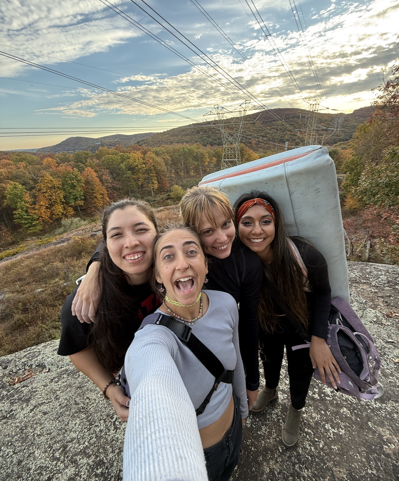 Group of four friends taking a selfie outdoors during autumn, standing on a rocky surface with trees displaying fall colors and power lines in the background.