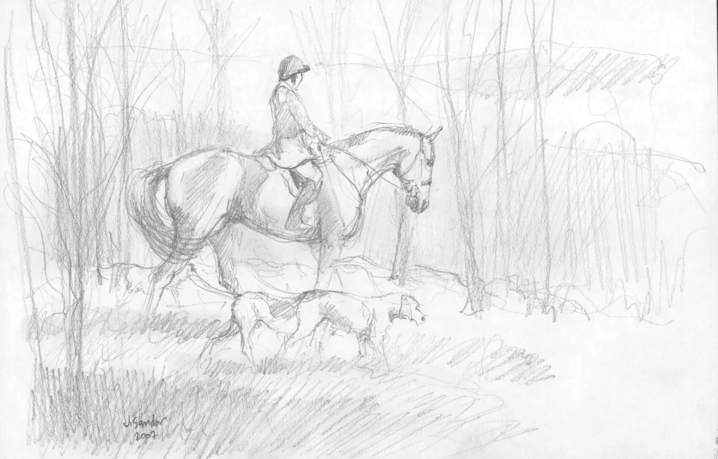 A pencil sketch of a person riding a horse through a wooded area, with trees in the background and sketchy details.
