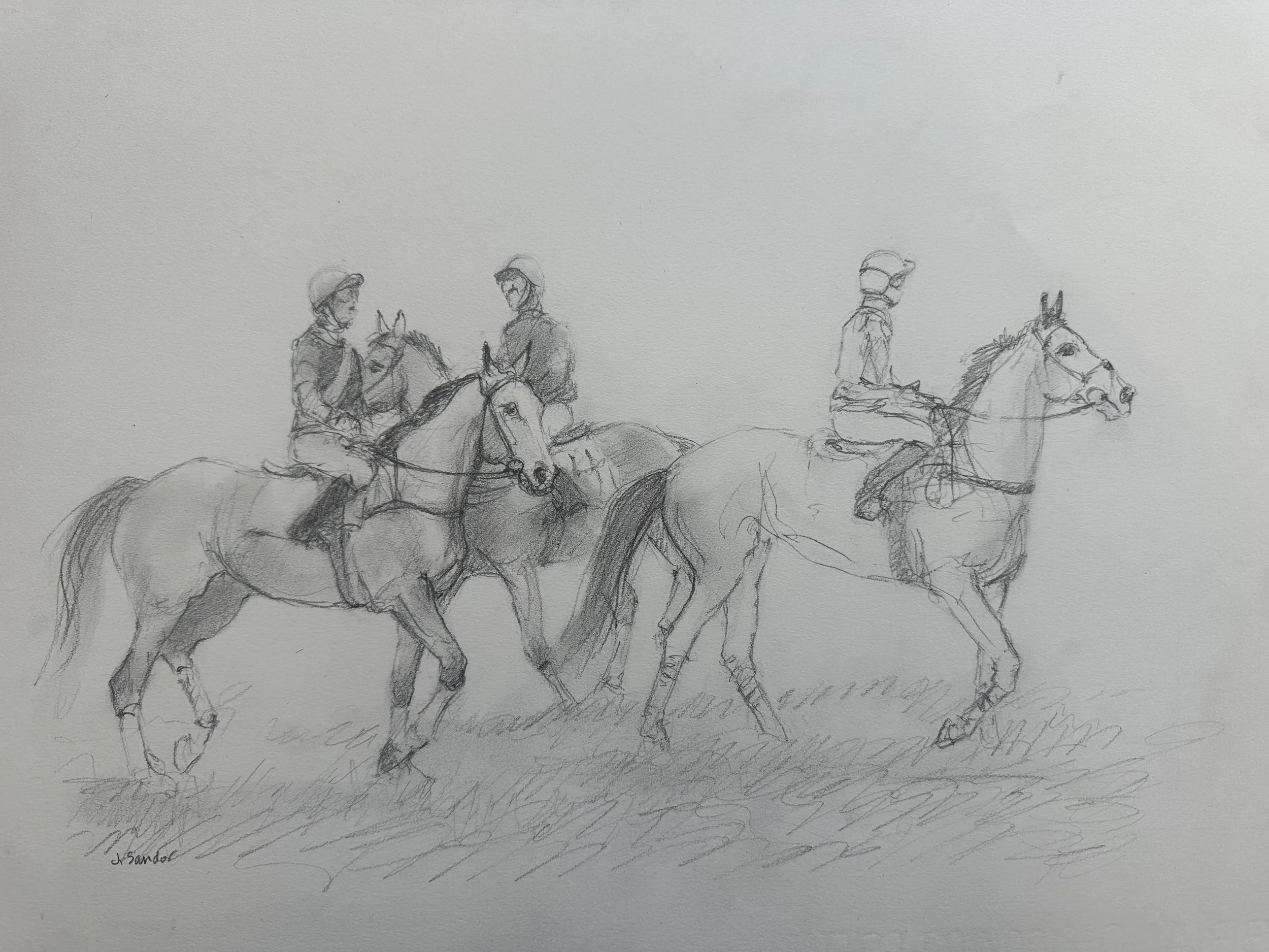 A pencil sketch of three people on horseback, with the two on the left facing each other and the person on the right looking away, set against a simple background.