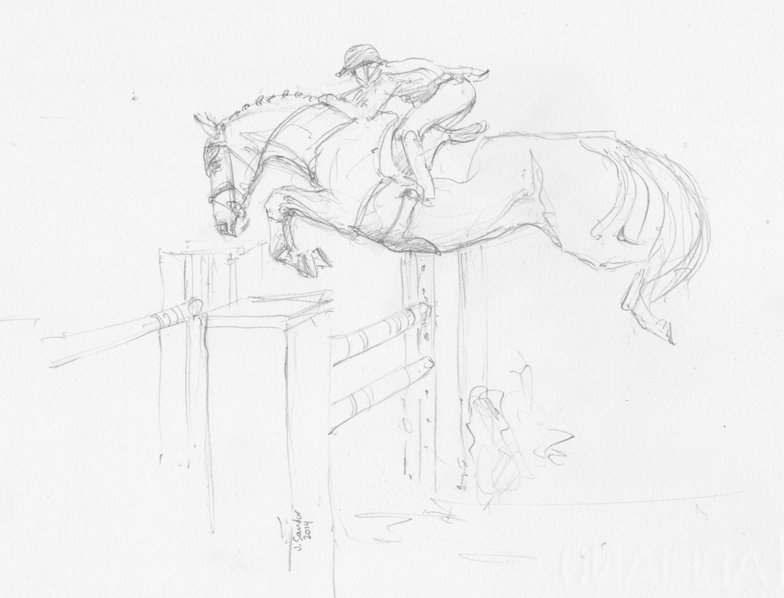 A pencil sketch of a person riding a horse, with the rider wearing a hat and leaning forward, suggesting motion.