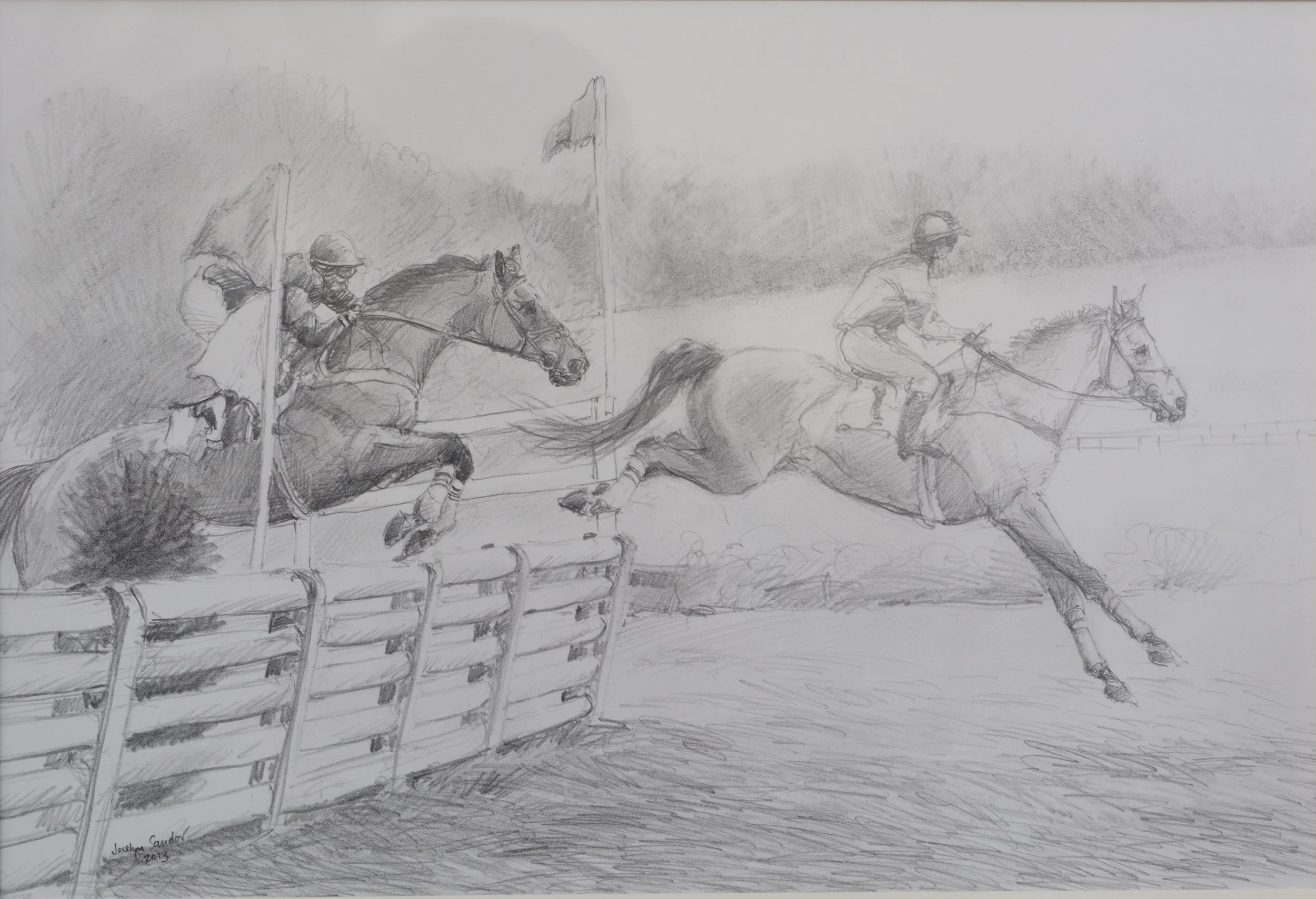Sketch of a horse race with jockeys riding horses on a racetrack, with flags and a fence in the background.