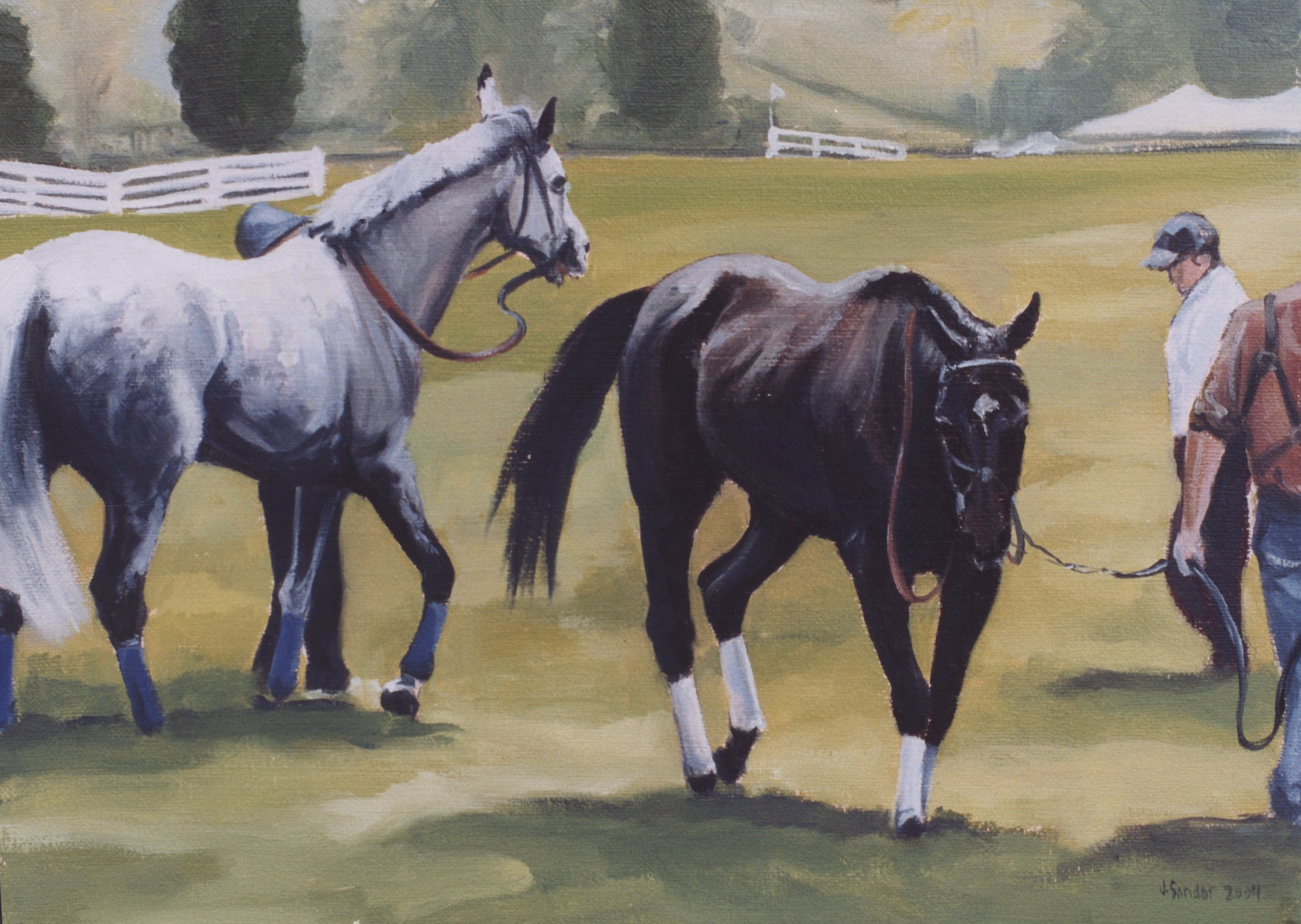 A watercolor painting of two horses, one white and one dark brown, being led by a person wearing a hat, in a green field with trees in the background.
