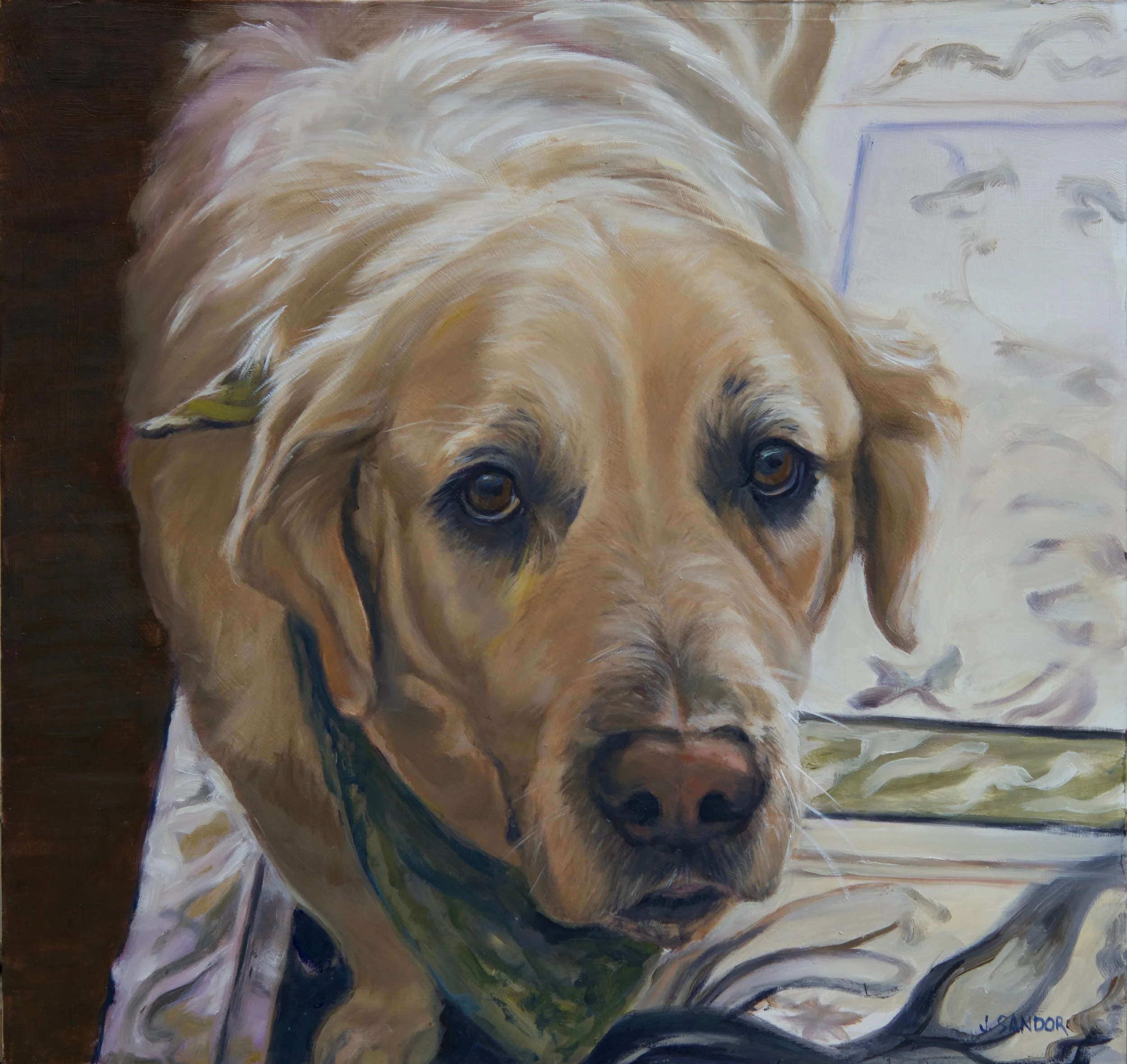 Painting of a dog's face, possibly a Labrador Retriever, with brown eyes and light golden fur, in an impressionistic style.